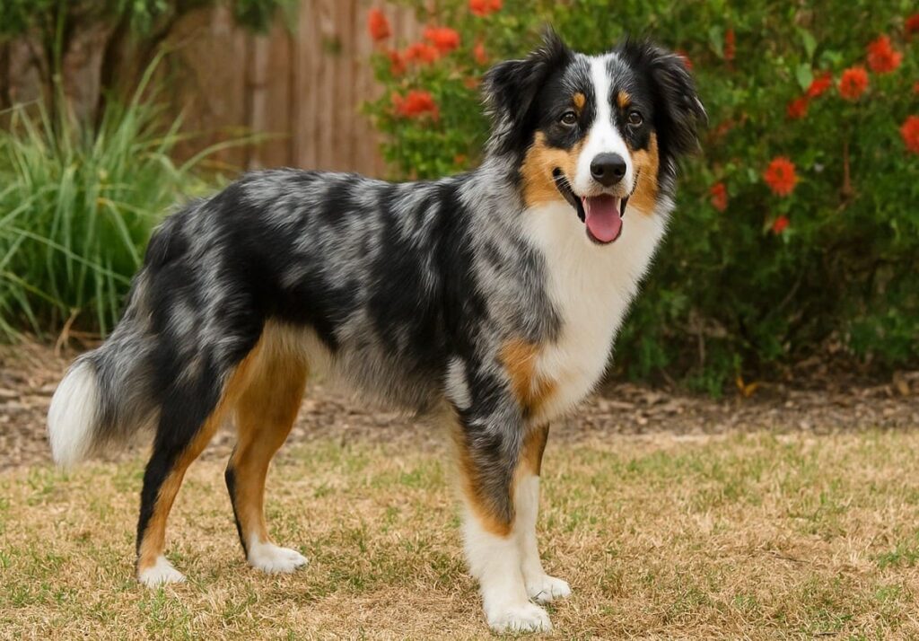 Mini Australian Shepherd in backyard